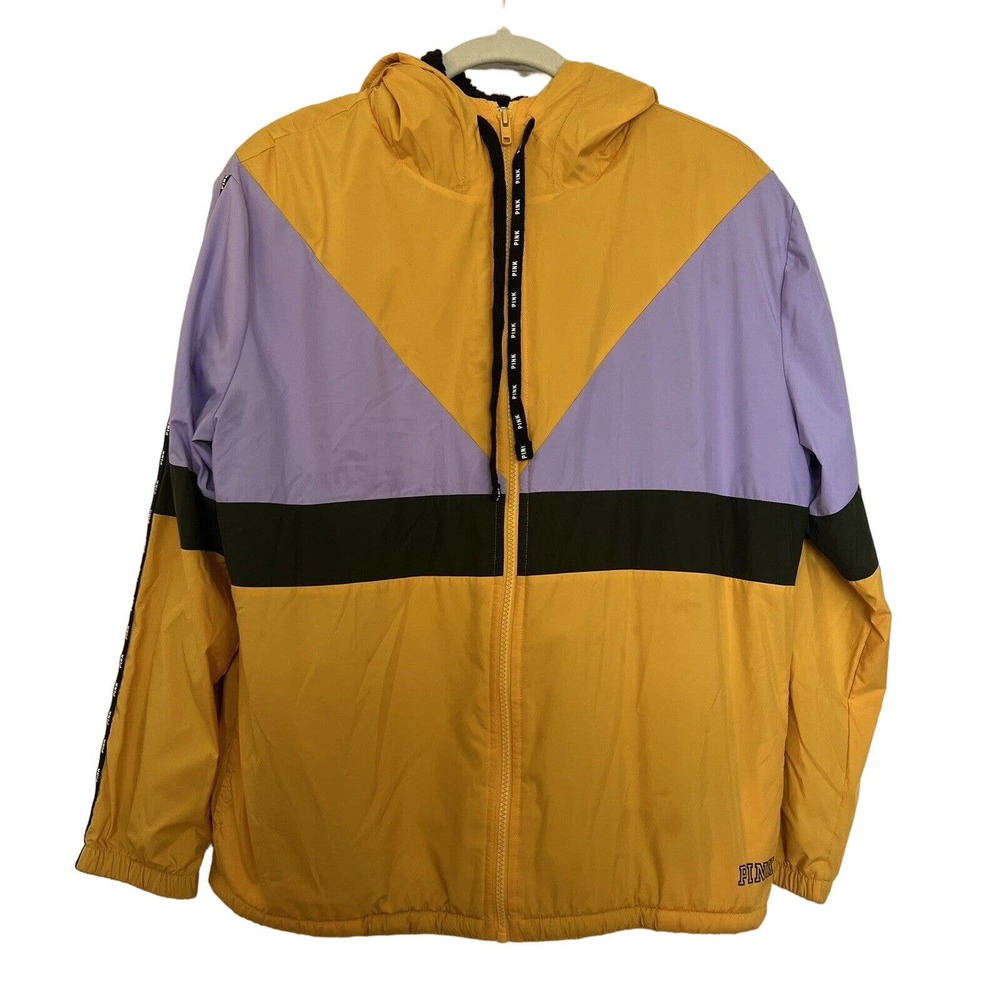 PINK Victoria's Secret Gold & Purple Black Sherpa Lined Hooded Jacket - Size XS